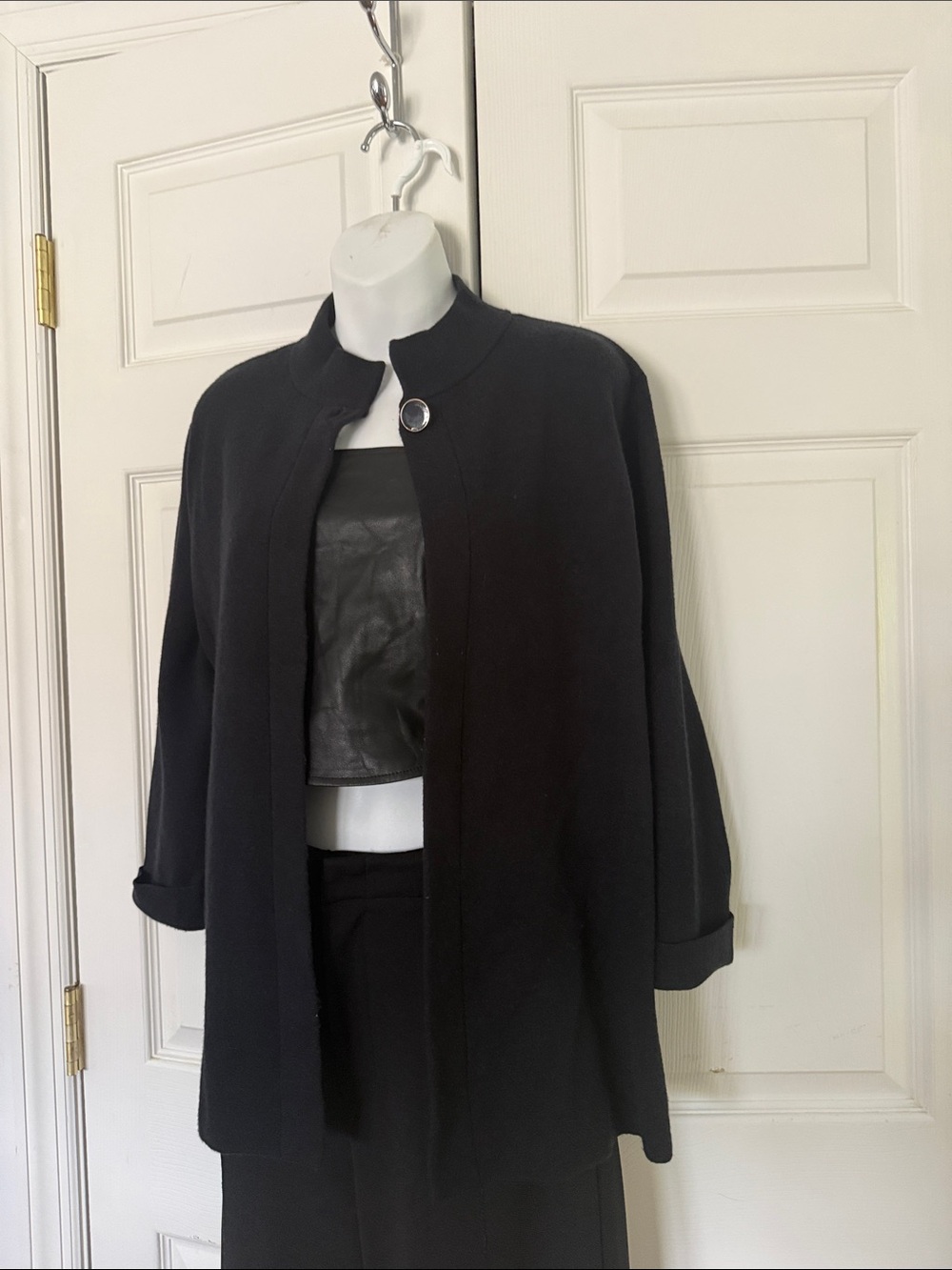 Women's Black Single-Button Stand-Collar Pea Coat